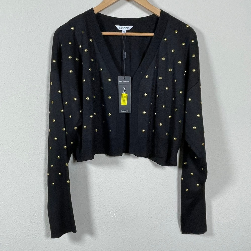 Misook Cropped Cardigan Women XL Black NEW Studded Knit Open Front K6621AS